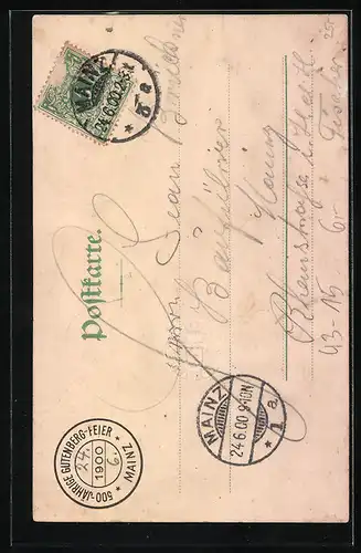 Künstler-AK Mainz, Gutenbergfeier mit Porträt Johann Gensfleisch zu Gutenberg