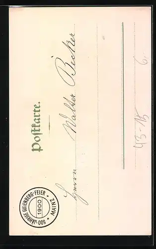 Künstler-AK Mainz, Gutenbergfeier mit Porträt Johann Gensfleisch zu Gutenberg