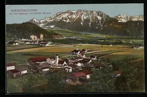AK Niederaudorf, Panorama mit Kloster Roisach und Kaisergebirge