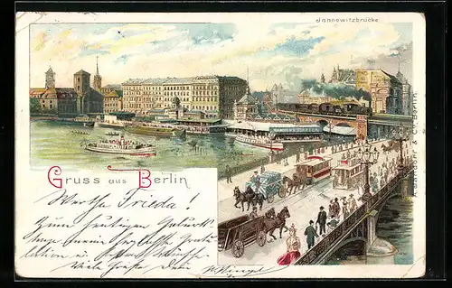 Lithographie Berlin, belebte Jannowitzbrücke mit Pferdebahn
