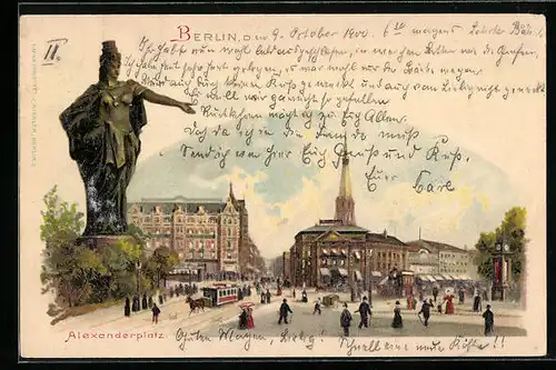 Lithographie Berlin, Alexanderplatz mit Pferdebahn und Passanten