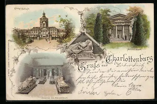 Lithographie Berlin-Charlottenburg, Kgl. Schloss, Mausoleum, Aussen- und Innenansicht