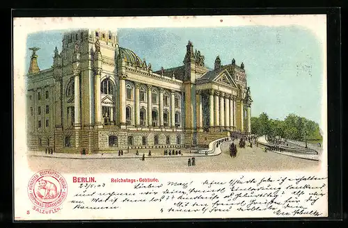 Lithographie Berlin-Tiergarten, Reichstagsgebäude, Reklame für Hoffmann's Stärkefabriken