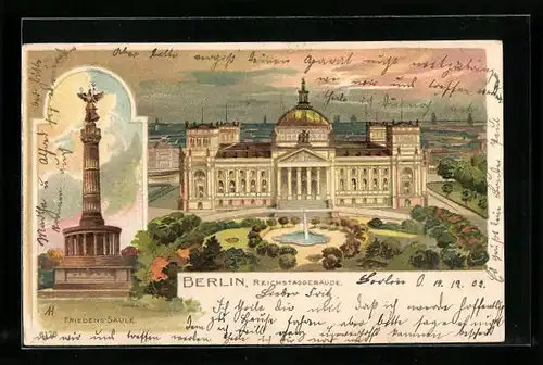 Lithographie Berlin-Tiergarten, Friedenssäule, Reichstagsgebäude