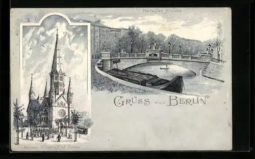 Lithographie Berlin-Tiergarten, Herkules-Brücke, Kaiser Wilhelm Gedächtnis-Brücke