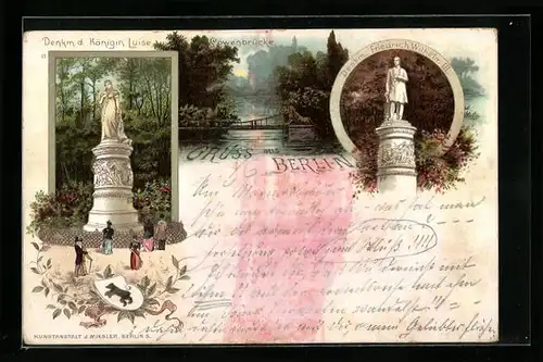 Lithographie Berlin-Tiergarten, Denkmal d. Königin Luise, Löwenbrücke, Denkmal Friedrich Wilhelm III.