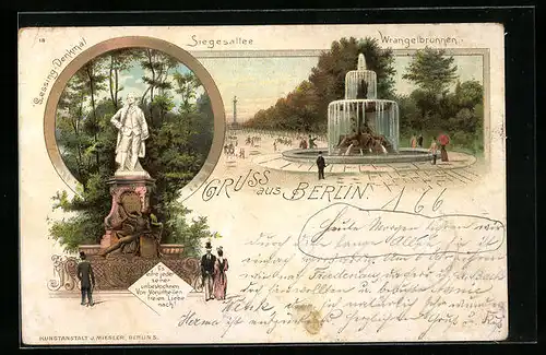 Lithographie Berlin-Tiergarten, Siegesallee, Wrangelbrunnen, Lessing-Denkmal