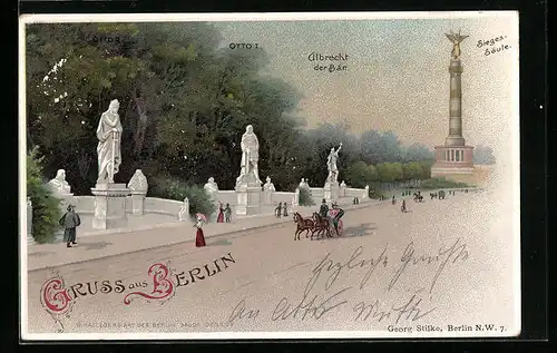 Lithographie Berlin-Tiergarten, Denkmäler Otto I., Albrecht der Bär und Blick auf die Siegessäule