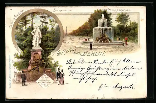 Lithographie Berlin-Tiergarten, Wrangelbrunnen, Siegesallee, Lessing-Denkmal