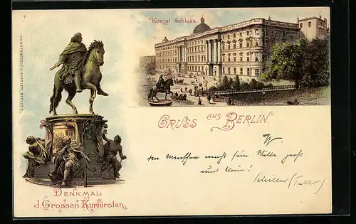 Lithographie Berlin, Denkmal d. Grossen Kurfürsten, Kgl. Schloss