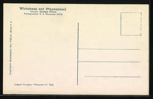 AK Berlin-Wannsee, Gasthaus zur Pfaueninsel, Inh. Gustav Prinz