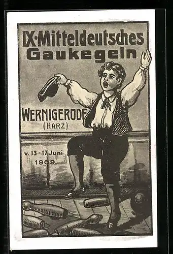 AK Wernigerode / Harz, IX. Mitteldeutsches Gaukegeln 1909, Bube jubelt über seinen Sieg