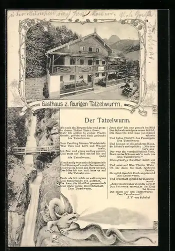 AK Oberaudorf, Gasthaus zum feurigen Tatzelwurm, Wasserfall, Gedicht Der Tatzelwurm