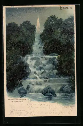 Lithographie Berlin-Kreuzberg, Wasserfall im Victoriapark bei Beleuchtung