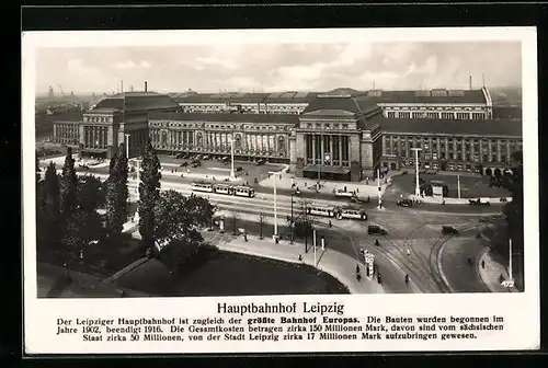 AK Leipzig, Hauptbahnhof mit Strassenbahnen und Vorplatz aus der Vogelschau