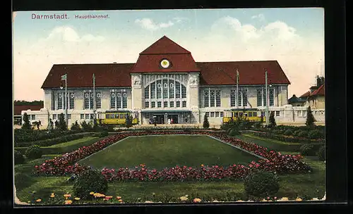 AK Darmstadt, Hauptbahnhof mit Strassenbahnen