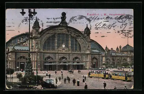 AK Frankfurt a. M., Strassenbahnen vor dem Hauptbahnhof