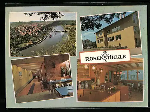 AK Hessigheim a. N., Ortsansicht und drei Ansichten vom Restaurant Rosenstöckle
