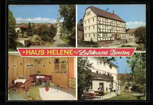 AK Zwesten, Ortsansicht und drei Ansichten von Pension Haus Helene