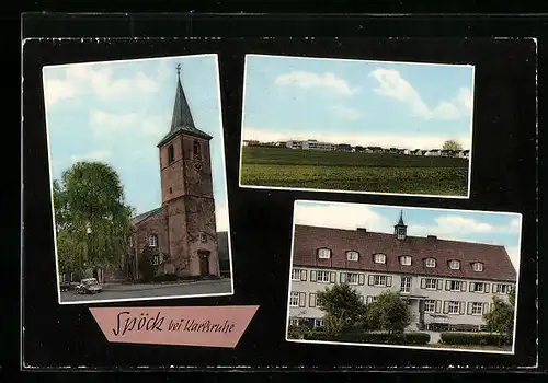 AK Spöck bei Karlsruhe, Kirche, Gebäude, Totalansicht