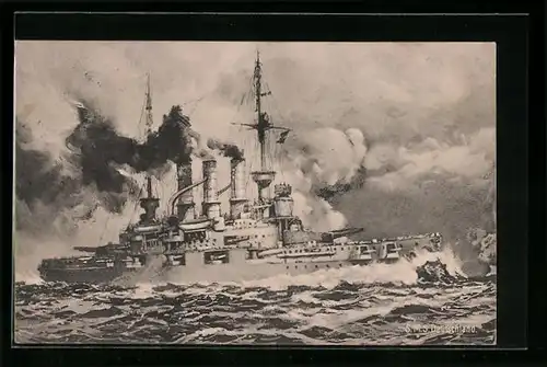 Künstler-AK S.M.S. Deutschland in voller Fahrt auf hoher See, Kriegsschiff
