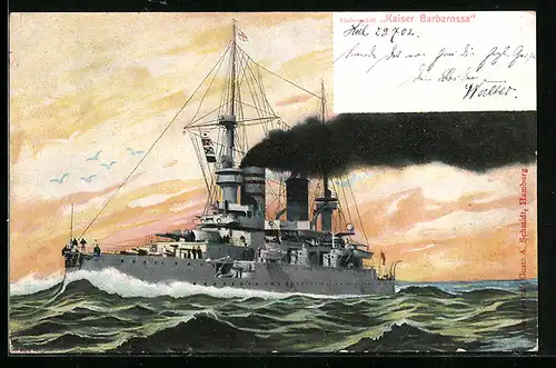 Lithographie Linienschiff Kaiser Barbarossa auf hoher See, Kriegsschiff