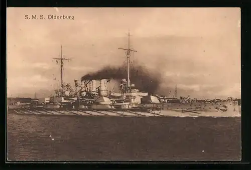 AK S.M.S. Oldenburg auf See vor der Stadt, Kriegsschiff