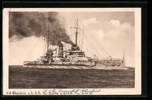 AK S.M. Linienschiff Rheinland, das Kriegsschiff in voller Fahrt