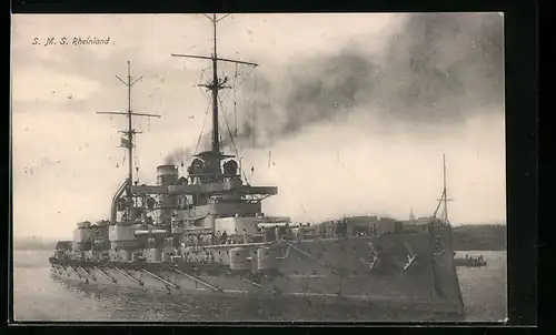 AK S.M.S. Rheinland, das Kriegsschiff vor der Küste