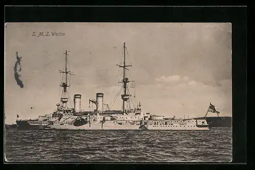 AK S.M.S. Wettin, das Kriegsschiff vor der Küste in voller Pracht