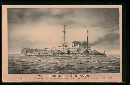 AK S.M. Linienschiff Thüringen, das Kriegsschiff in voller Fahrt