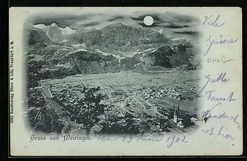 Mondschein-AK Meiringen, Generalansicht der Stadt im Tal