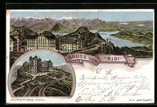 Lithographie Rigi, Blick auf den Vierwaldstätter-See, Bahnstrecke unter dem Rigi-Hotel