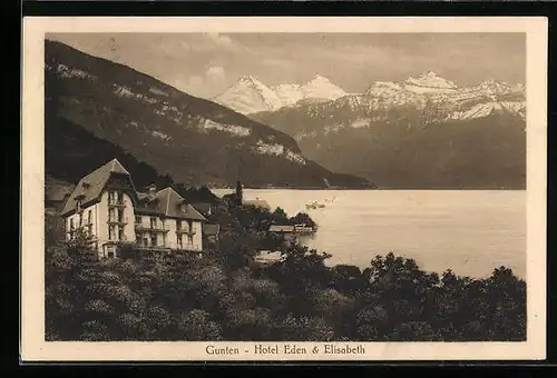AK Gunten, Hotel Eden und Elisabeth, Blick auf das Gebirge