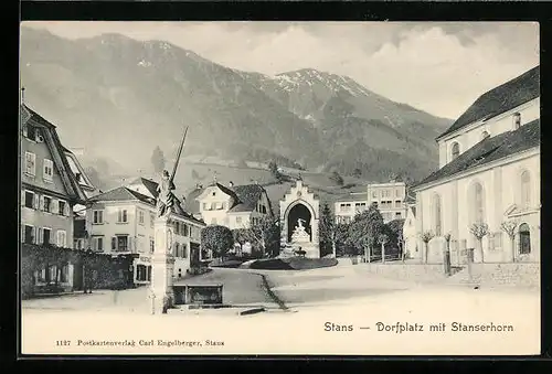 AK Stans, Dorfplatz mit Blick zum Stanserhorn