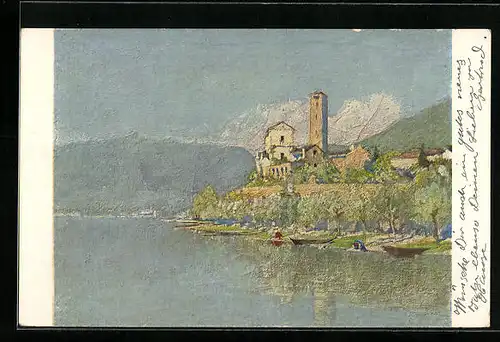 Künstler-AK Rivapiana, Blick zur Kirche über dem Seeufer