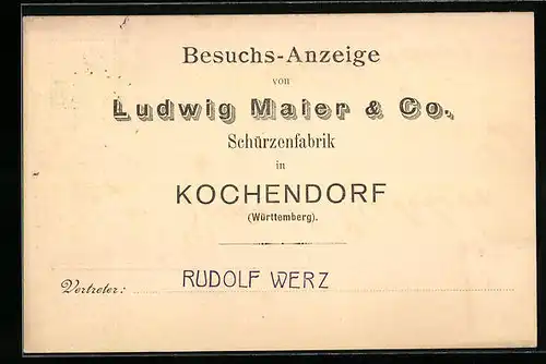 AK Kochendorf, Besuchs-Anzeige Ludwig Maier & Co. Schürzenfabrik