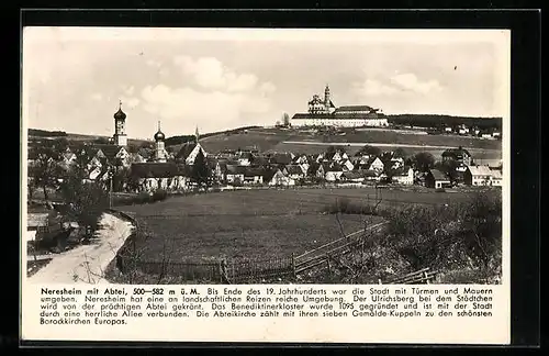 AK Neresheim, Ortsansicht mit der Kirche, Blick zur Abtei