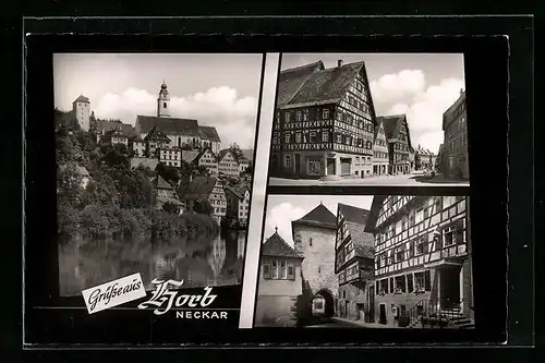 AK Horb am Neckar, alte Fachwerkhäuser, Blick zur Kirche