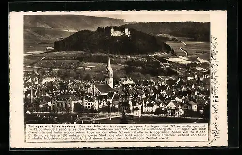 AK Tuttlingen, Stadttotale mit der Ruine Honburg im Hintergrund