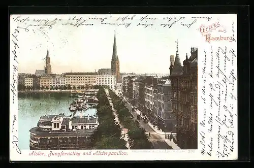 Lithographie Hamburg-Neustadt, Jungfernstieg und Alsterpavillon