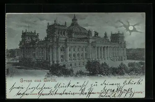 Mondschein-AK Berlin-Tiergarten, Blick auf das Reichstag-Gebäude