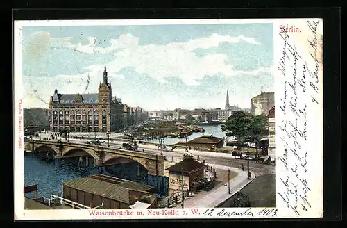 AK Berlin, Kutschen auf der Waisenbrücke, Blick zum Märkischen Platz