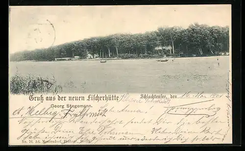 AK Berlin, Schlachtensee, an der neuen Fischerhütte Georg Stegemann