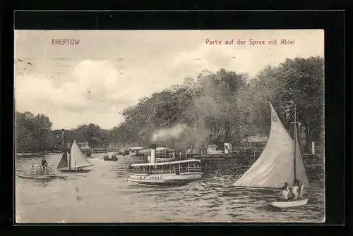 AK Berlin-Treptow, Partie auf der Spree mit Abtei