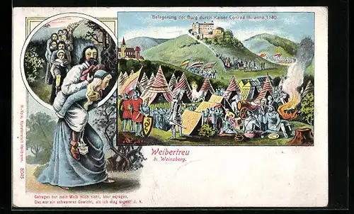 Künstler-AK Weibertreu bei Weinsberg, Belagerung der Burg durch Kaiser Conrad III. anno 1140