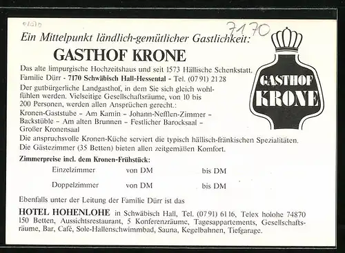 AK Schwäbisch Hall, Hessental, Gasthof Krone, in den Gasträumen, Hotel Hohenlohe