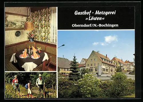 AK Oberndorf N.-Bochingen, der Gasthof Metzgerei Löwen, Aussenansicht, Gastraum, Wanderer