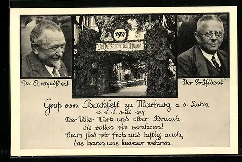 AK Marburg / Lahn, Bachfest 1937, Der Ketzerbach ein Hujaja!, flagge, Portraits