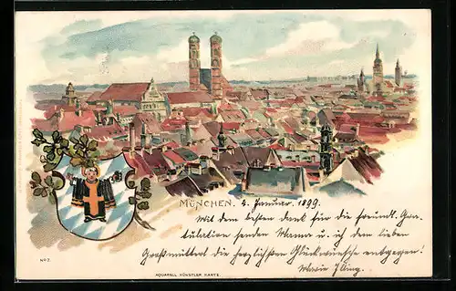 Lithographie München, Totalansicht, Stadtwappen